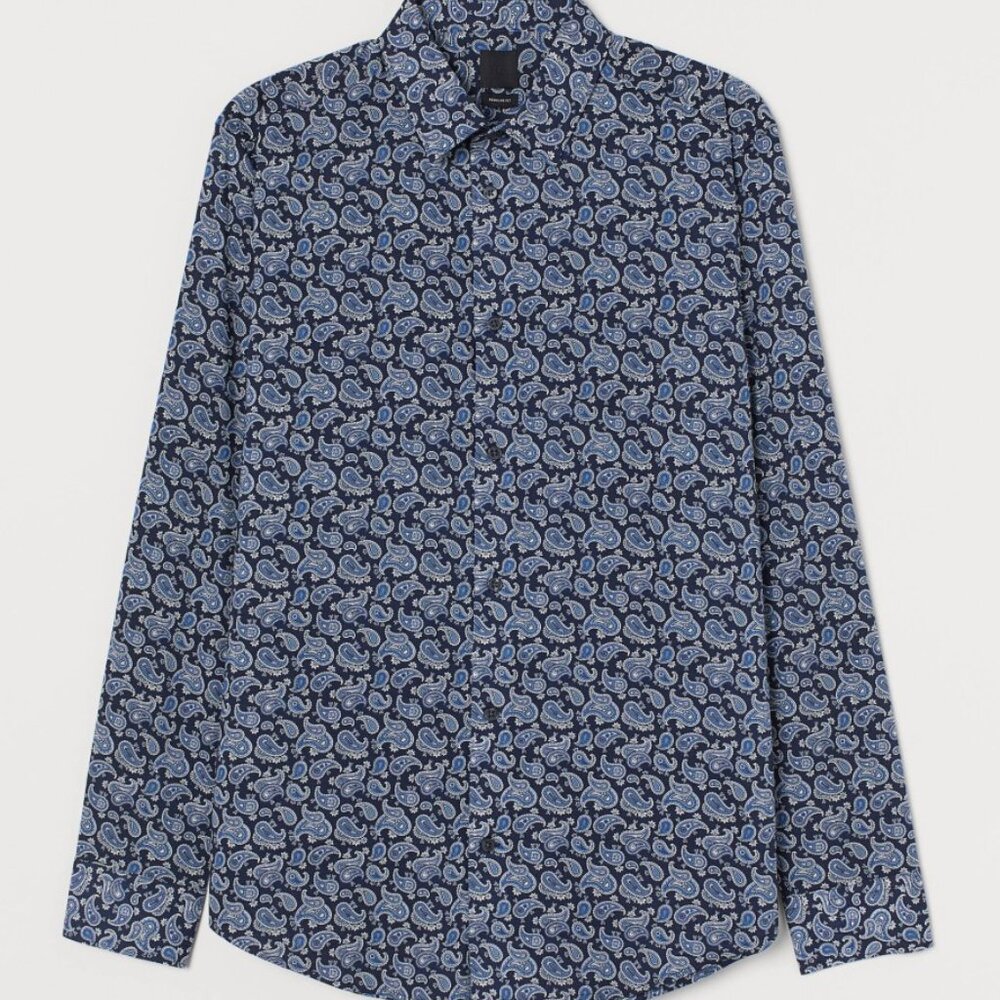 H&M Blue Paisley Long Sleeve Button-Up Regular Fit Shirt Men's Size L